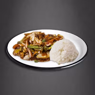Reis mit Paprika, Zwiebeln und Hoisin-Sauce