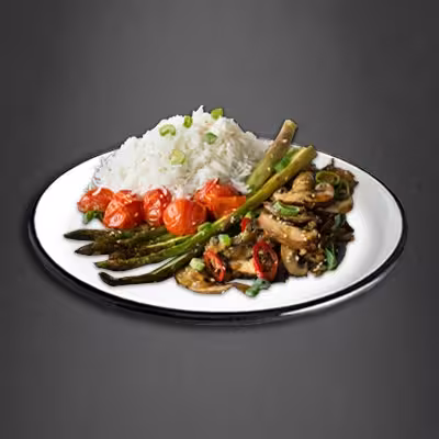 Reis mit Bambus, Morcheln, Champignons, Spargel und Hoisin-Sauce