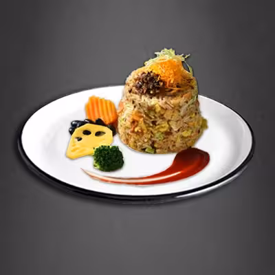 Reis mit Gemüse, Knoblauch, Hoisin-Sauce und Kong Pao (scharf)